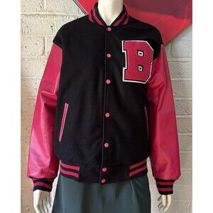 Men's Varsity Letterman B RED BLACK Jacket SIZE M Bomber Wool Leather Couro